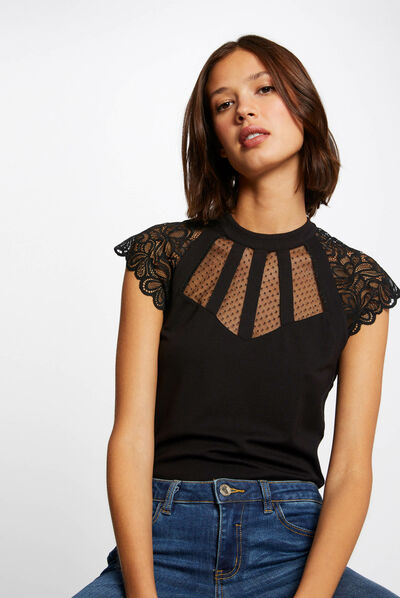 Camiseta manga corta con encaje negro mujer