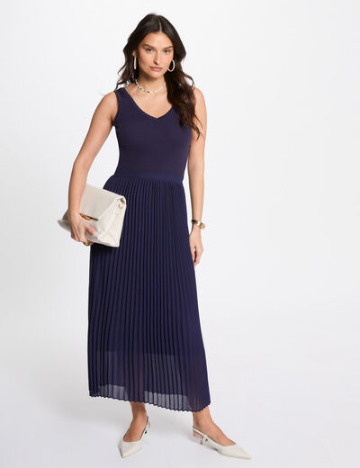 Vestido punto largo entallado azul marino mujer