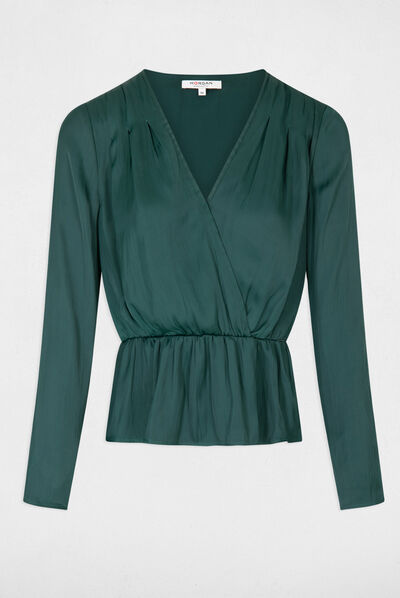 Blusa manga larga satinada verde oscuro mujer
