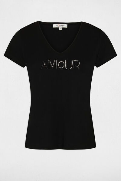 Camiseta de manga corta con mensaje negro mujer