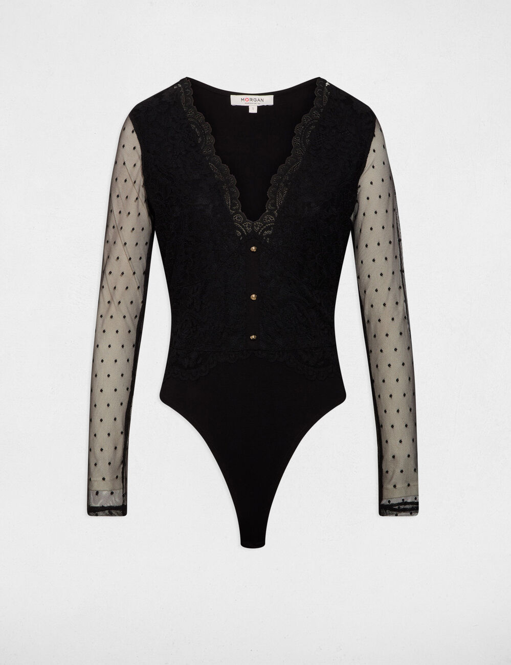 Body de encaje con escote en v negro mujer