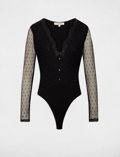 Body de encaje con escote en v negro mujer
