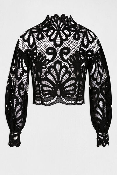 Blusa manga larga con encaje negro mujer