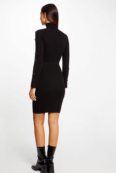 Vestido punto ajustado cuello de tortuga negro mujer