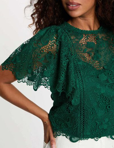 Top de encaje con cuello redondo verde mujer