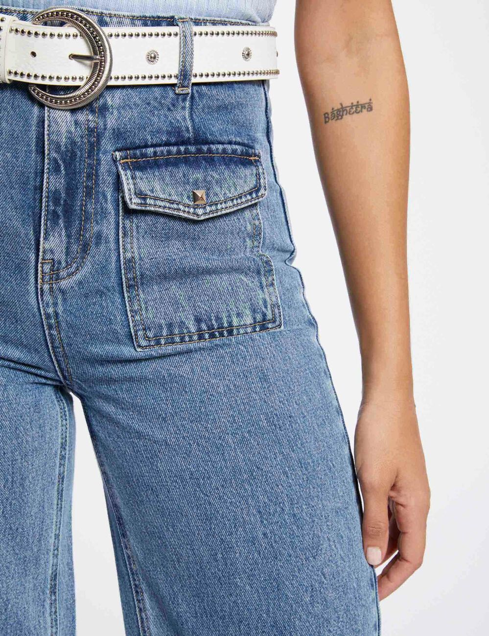Vaquero pernera ancha talle alto denim doble stone mujer