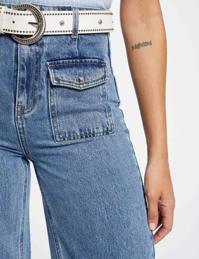Vaquero pernera ancha talle alto denim doble stone mujer