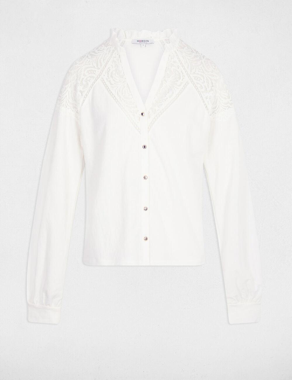Camiseta de encaje con cuello en v blanco mujer