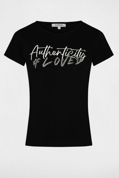 Camiseta de manga corta con mensaje negro mujer