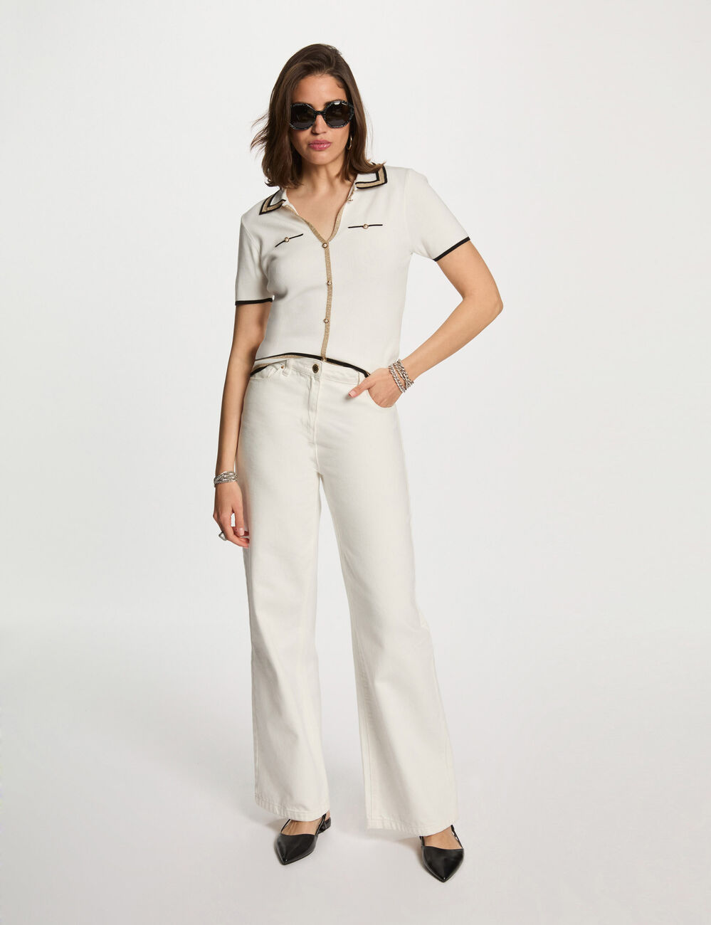 Jersey cuello tipo polo manga corta blanco mujer