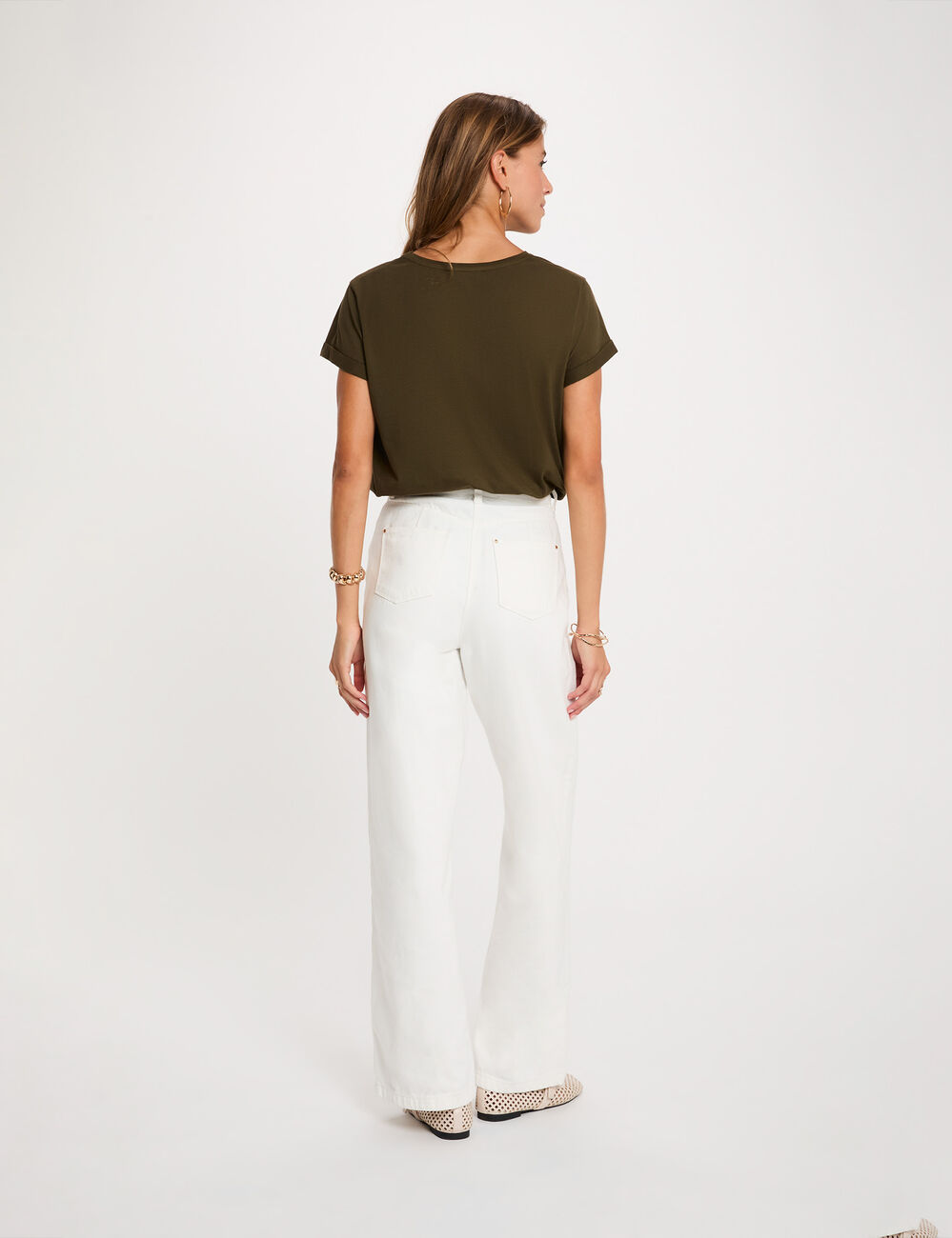 Camiseta cuello redondo manga corta verde caqui mujer