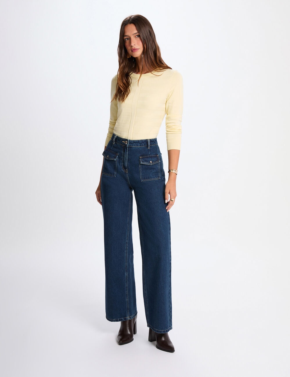 Jersey ajustado cuello redondo amarillo claro mujer