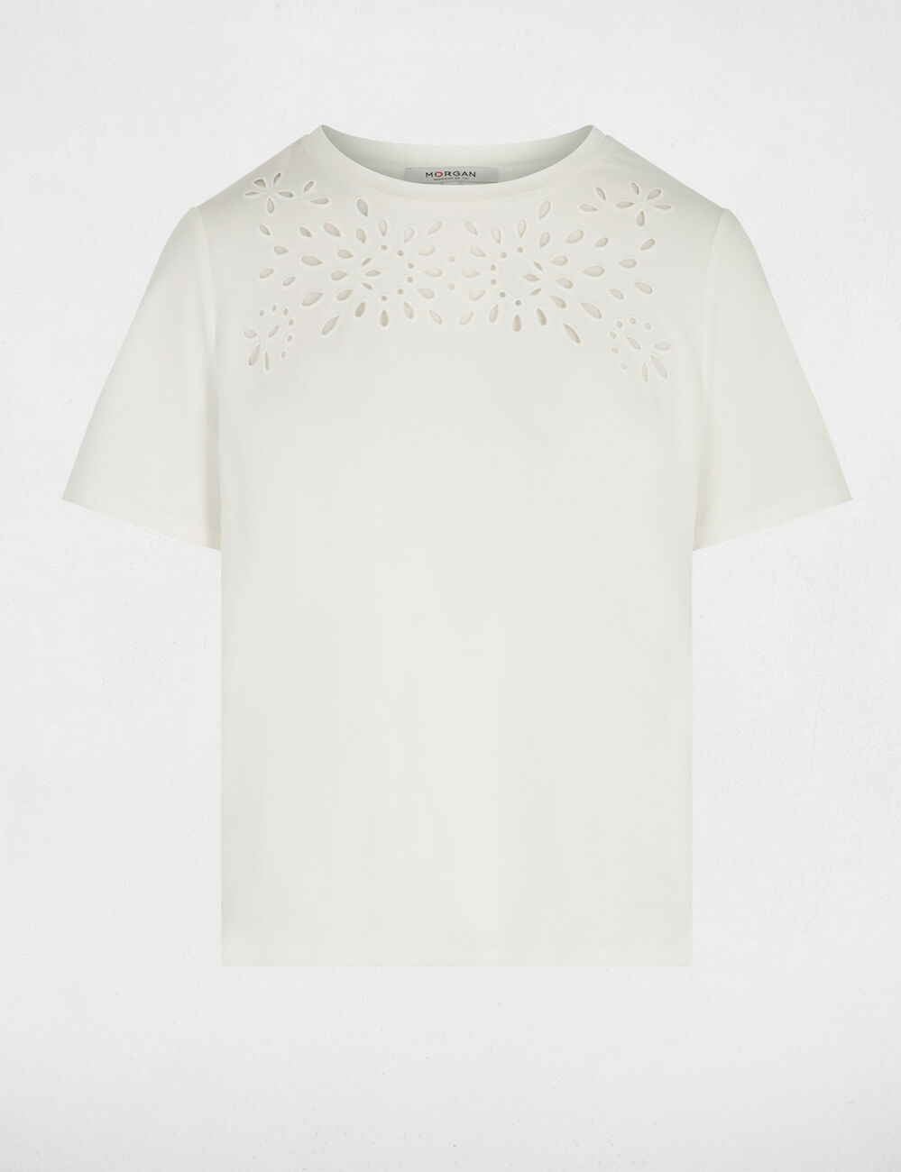 Camiseta bordada de manga corta blanco mujer