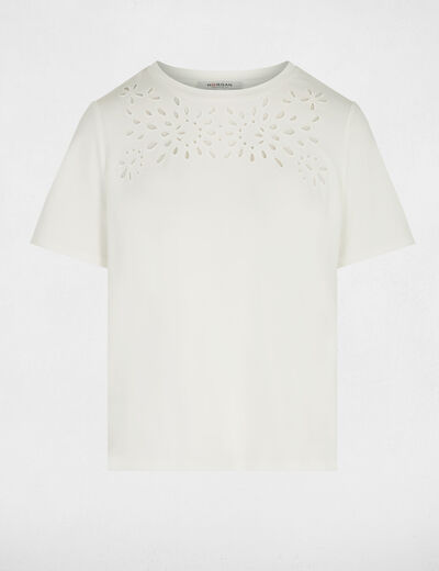 Camiseta bordada de manga corta blanco mujer