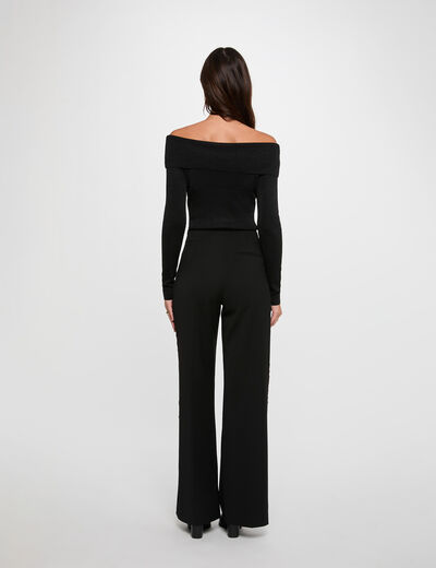 Jersey con cuello bardot metalizado negro mujer