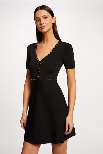Vestido de punto ajustado con tachuelas negro mujer