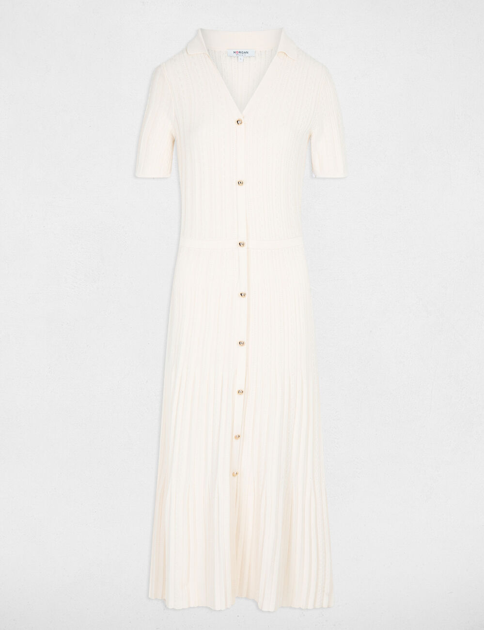 Vestido de punto con cuello vuelto marfil mujer