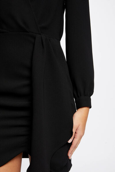 Vestido ajustado drapeado manga larga negro mujer