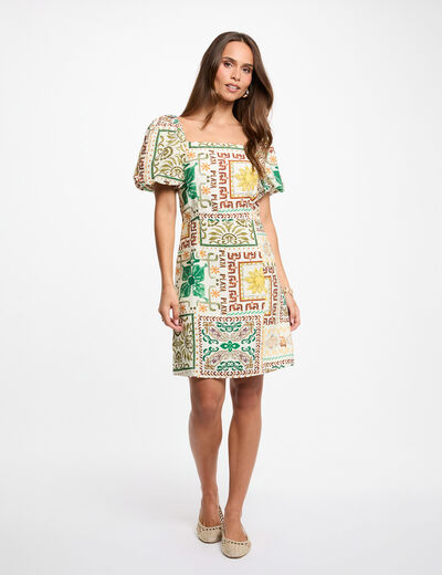 Vestido corto con mangas abullonadas multicolor mujer