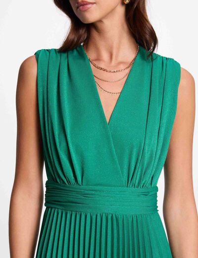 Vestido largo recto plisado verde emeralda mujer
