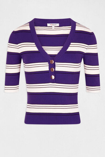 Jersey manga corta con rayas morado mujer