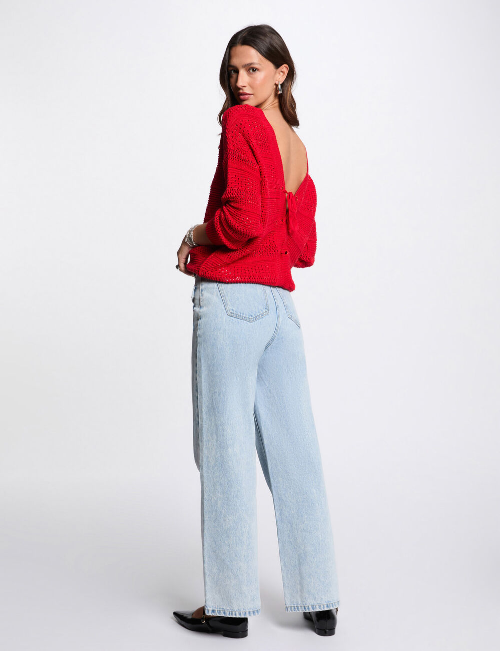 Jersey manga larga calado rojo mujer