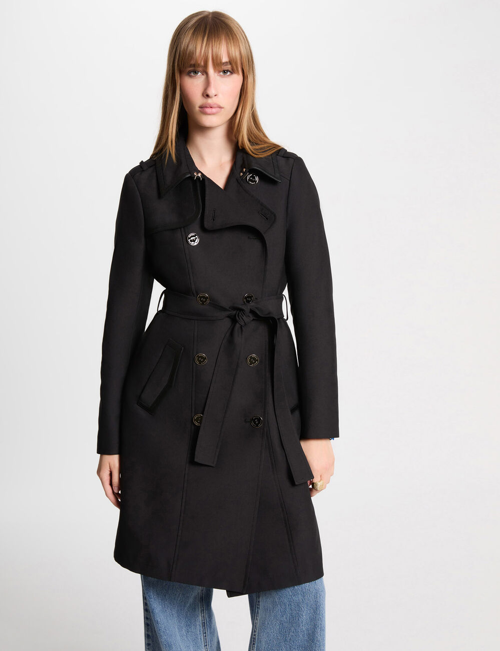 Gabardina larga con cinturón negro mujer