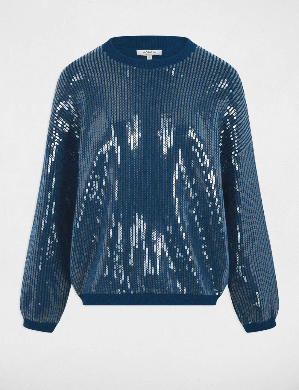 Jersey de lentejuelas cuello redondo azul petr&oacute;leo mujer