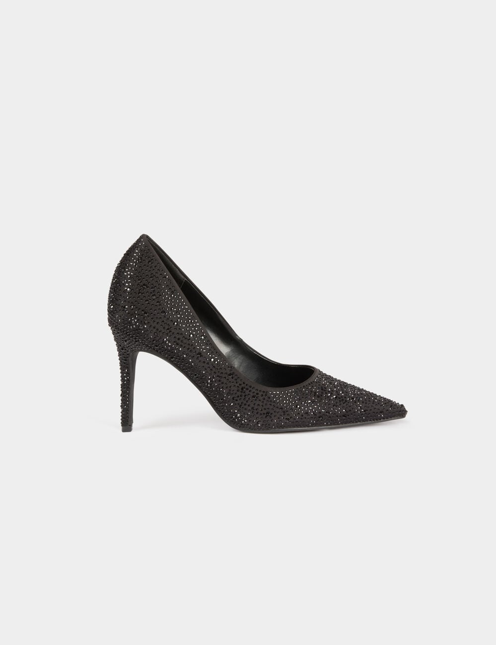 Zapato de tac&oacute;n satinado con strass negro mujer