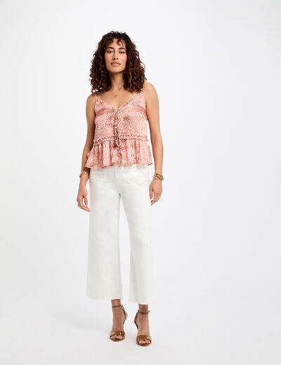 Vaquero flare talle alto blanco mujer