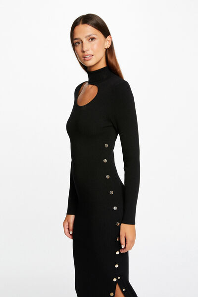 Vestido de punto midi ajustado abertura negro mujer