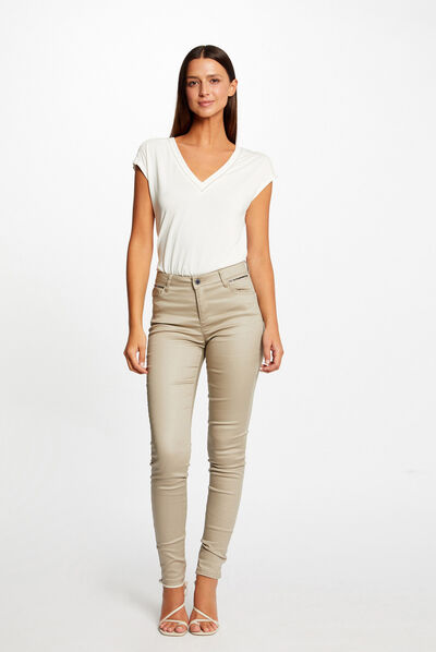 Pantalón skinny efecto mojado beis claro mujer