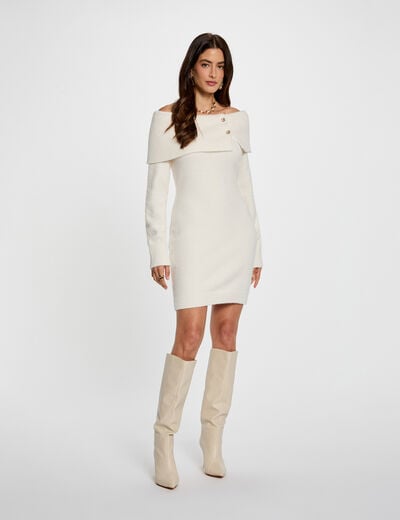 Vestido de punto con cuello bardot marfil mujer