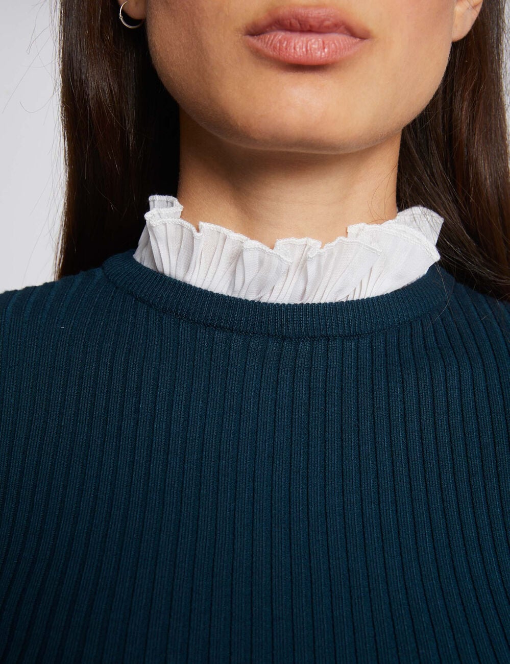 Jersey manga larga cuello plisado verde oscuro mujer