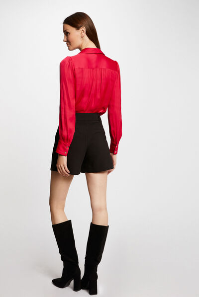 Camisa manga larga satinada fucsia mujer