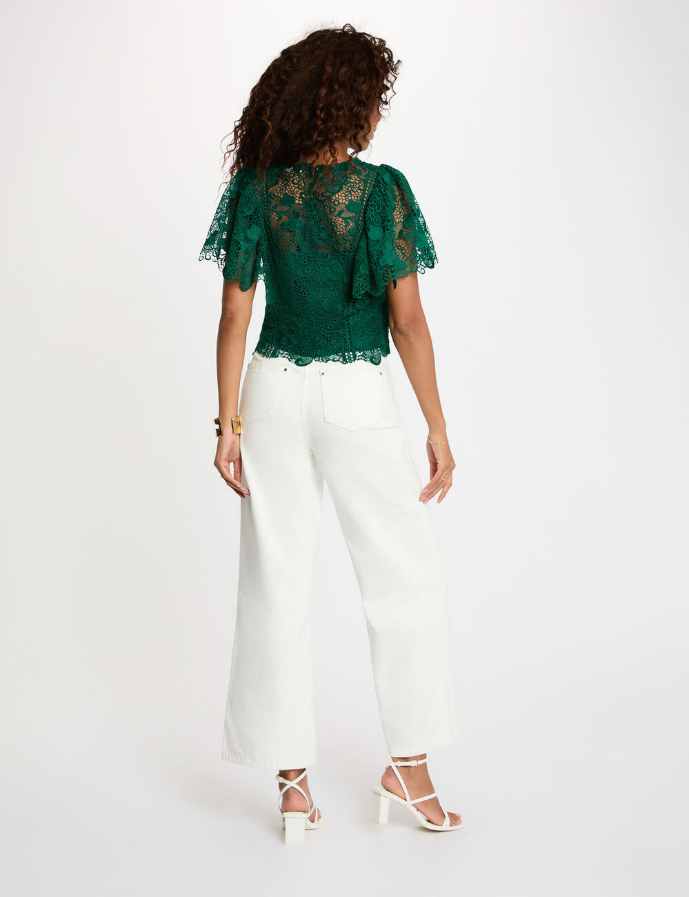 Top de encaje con cuello redondo verde mujer