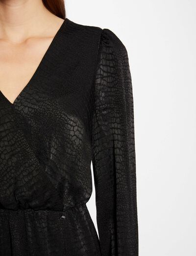 Vestido recto de satén estampado animal negro mujer