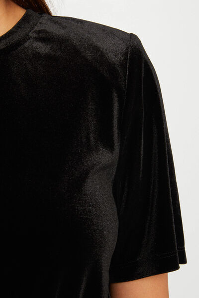 Camiseta manga corta terciopelo negro mujer