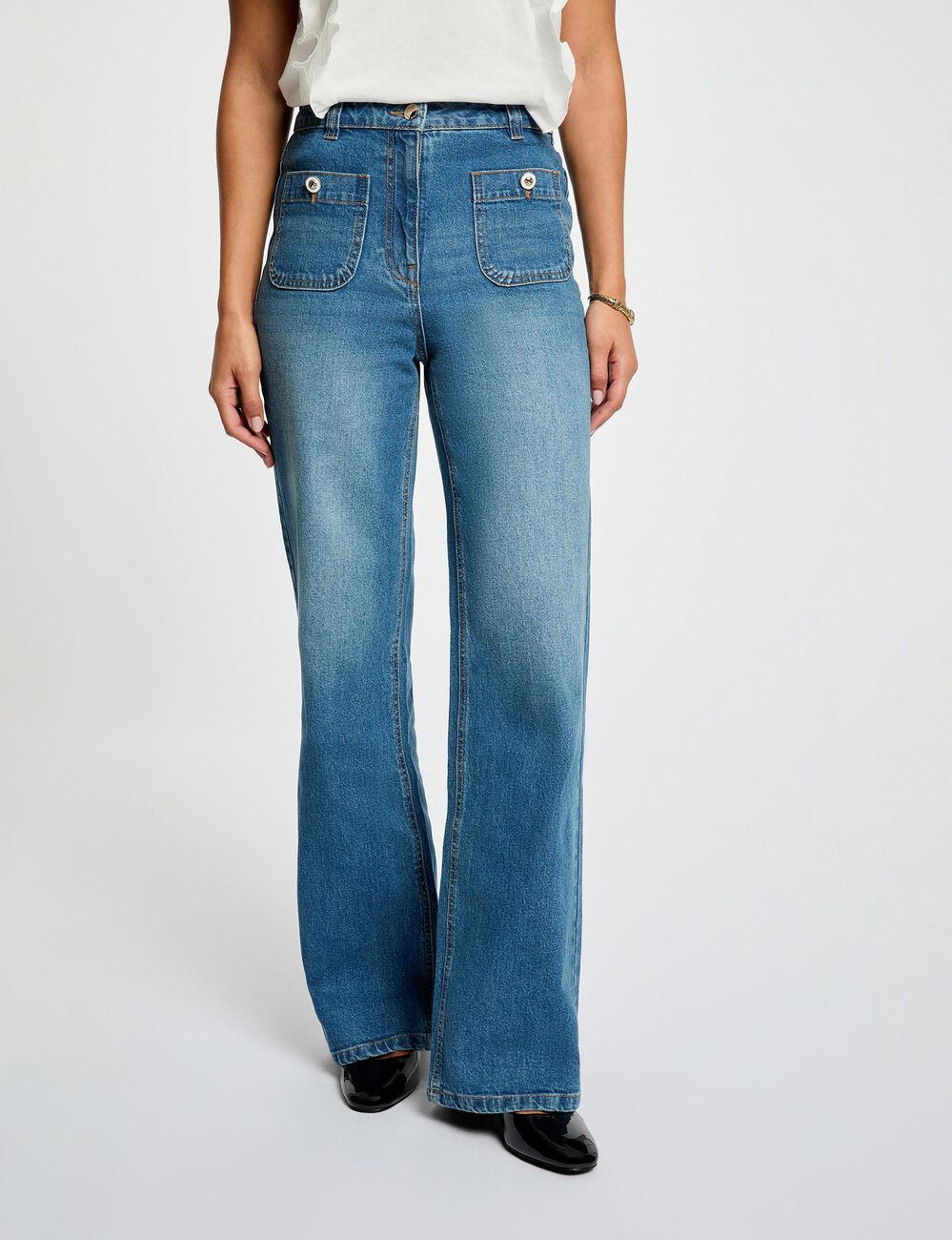 Jean ancho de tiro alto denim stone mujer