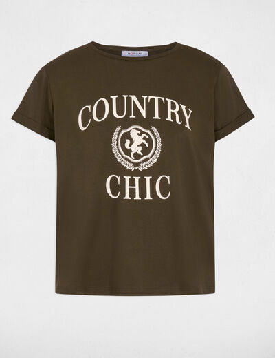 Camiseta cuello redondo manga corta verde caqui mujer