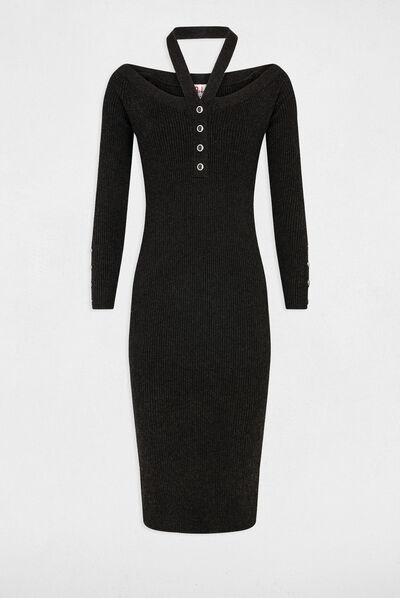 Vestido de punto ajustado cuello bardot gris anthracite mujer