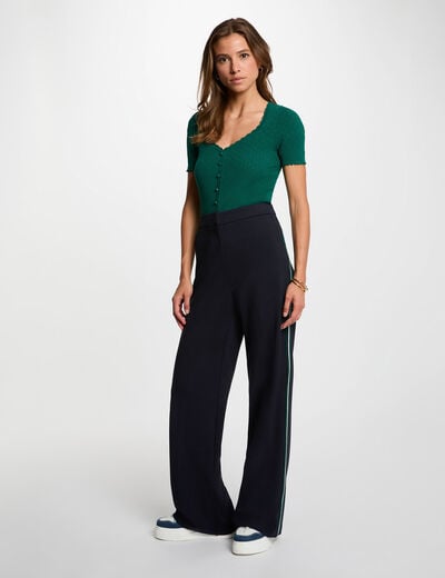 Pantal&oacute;n ancho con bandas laterales azul marino mujer