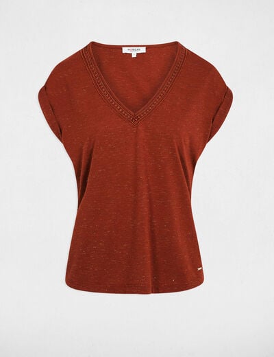Camiseta brillante cuello v marr&oacute;n co&ntilde;ac mujer