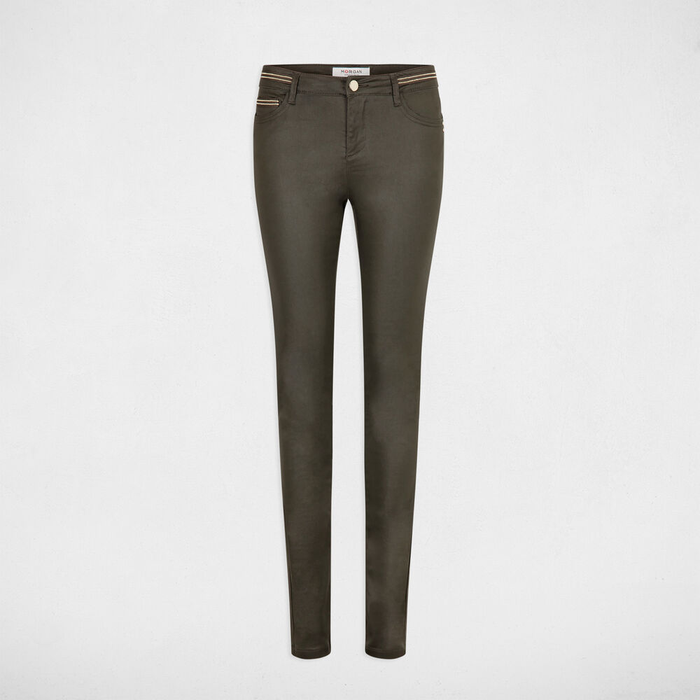 Pantal&oacute;n slim efecto mojado verde oscuro mujer