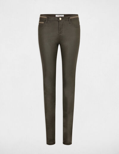 Pantalón slim efecto mojado verde oscuro mujer