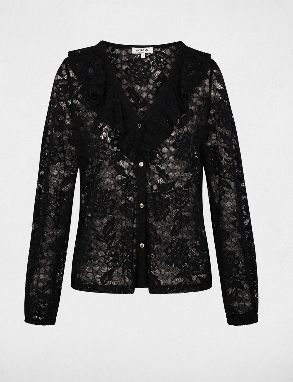Blusa de encaje con cuello en v negro mujer