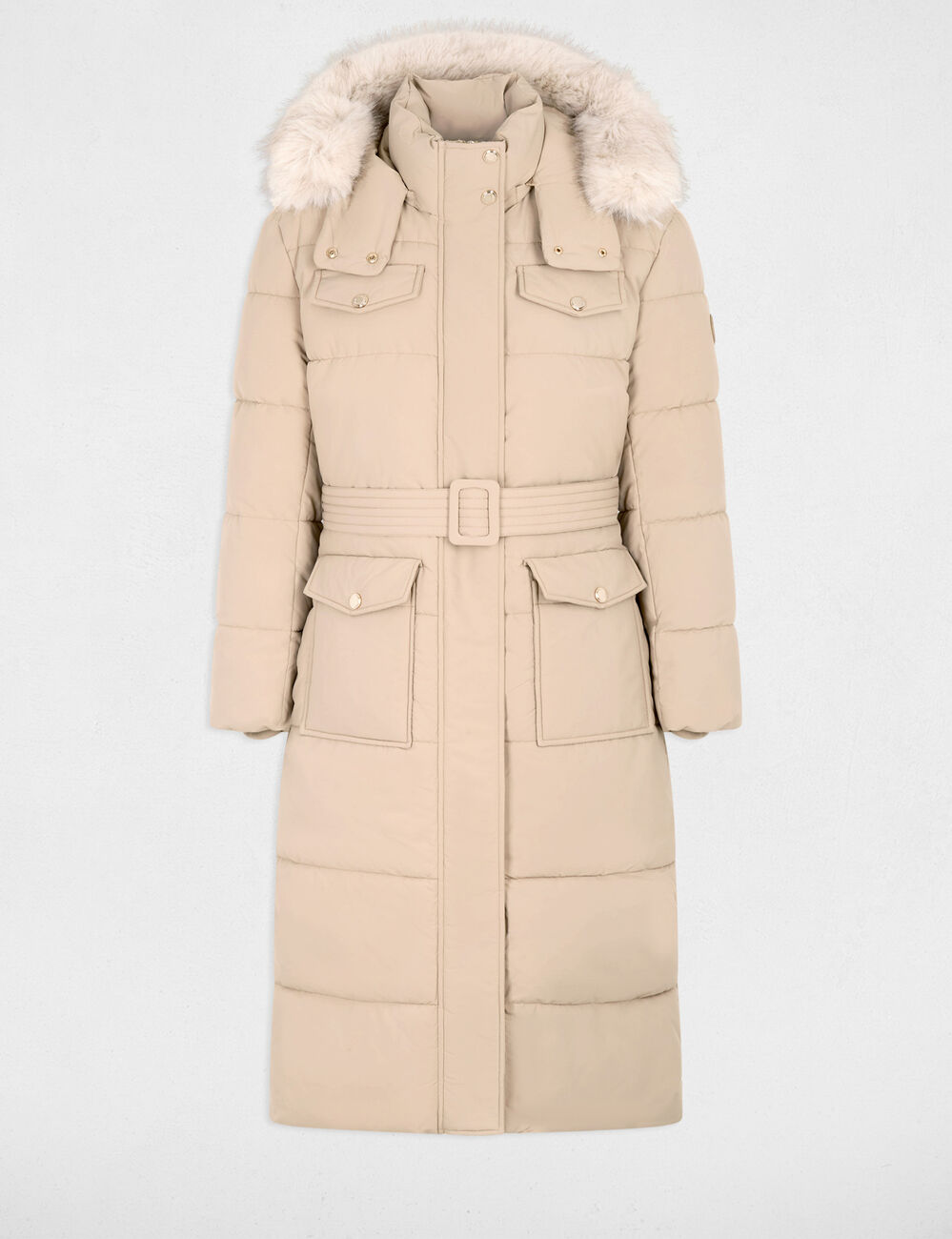 Abrigo acolchado largo con cintur&oacute;n beige mujer