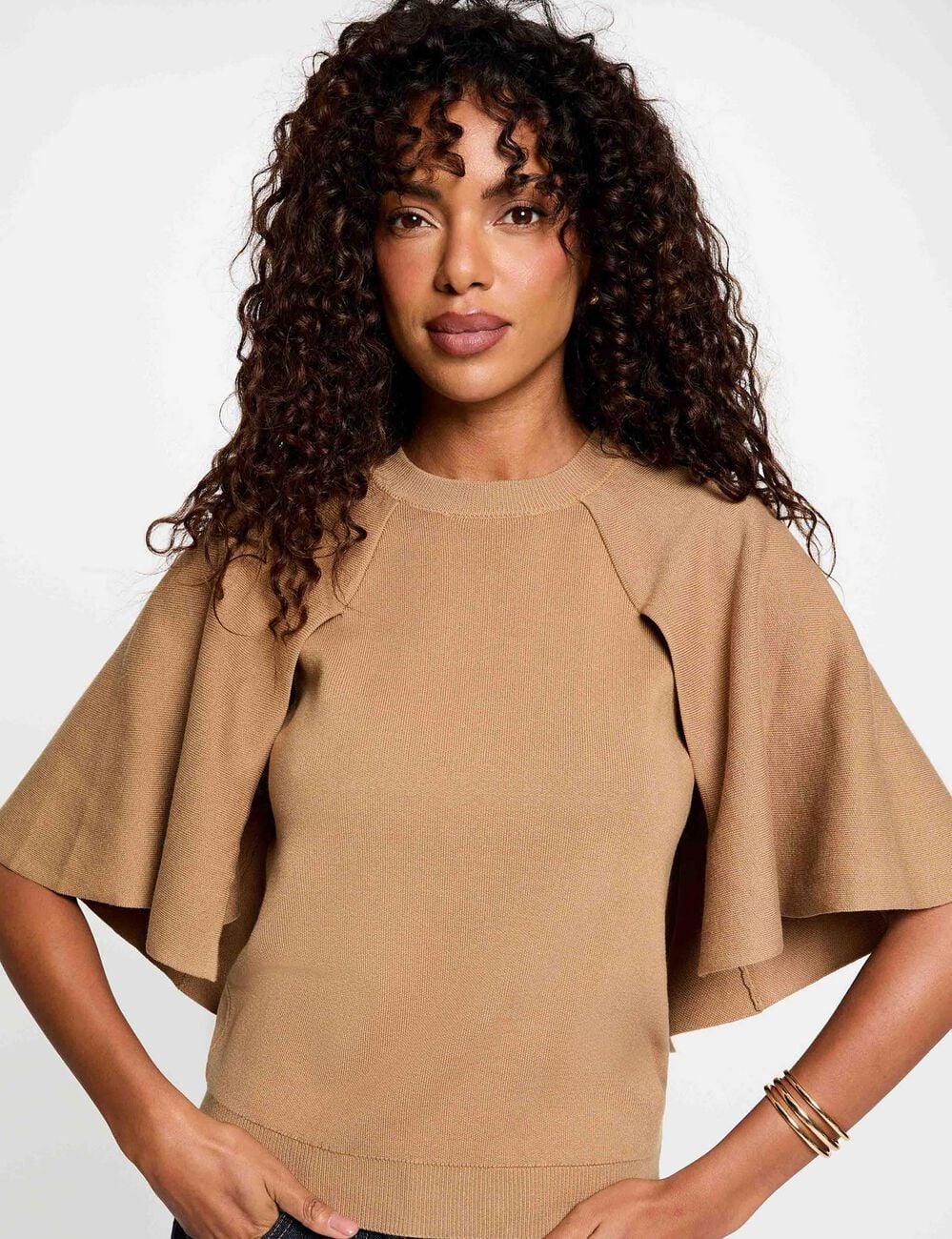Jersey cuello redondo mangas acampanadas beige mujer