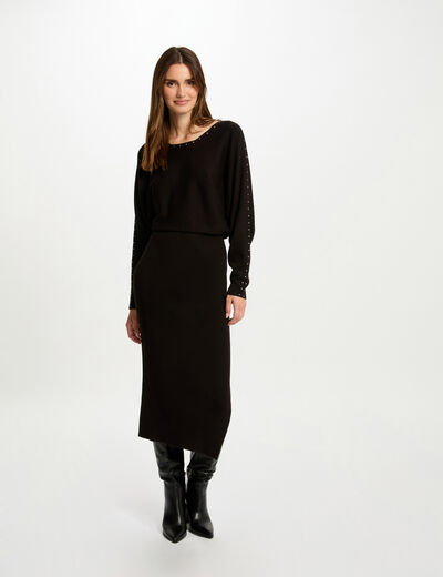 Vestido punto largo ajustado negro mujer