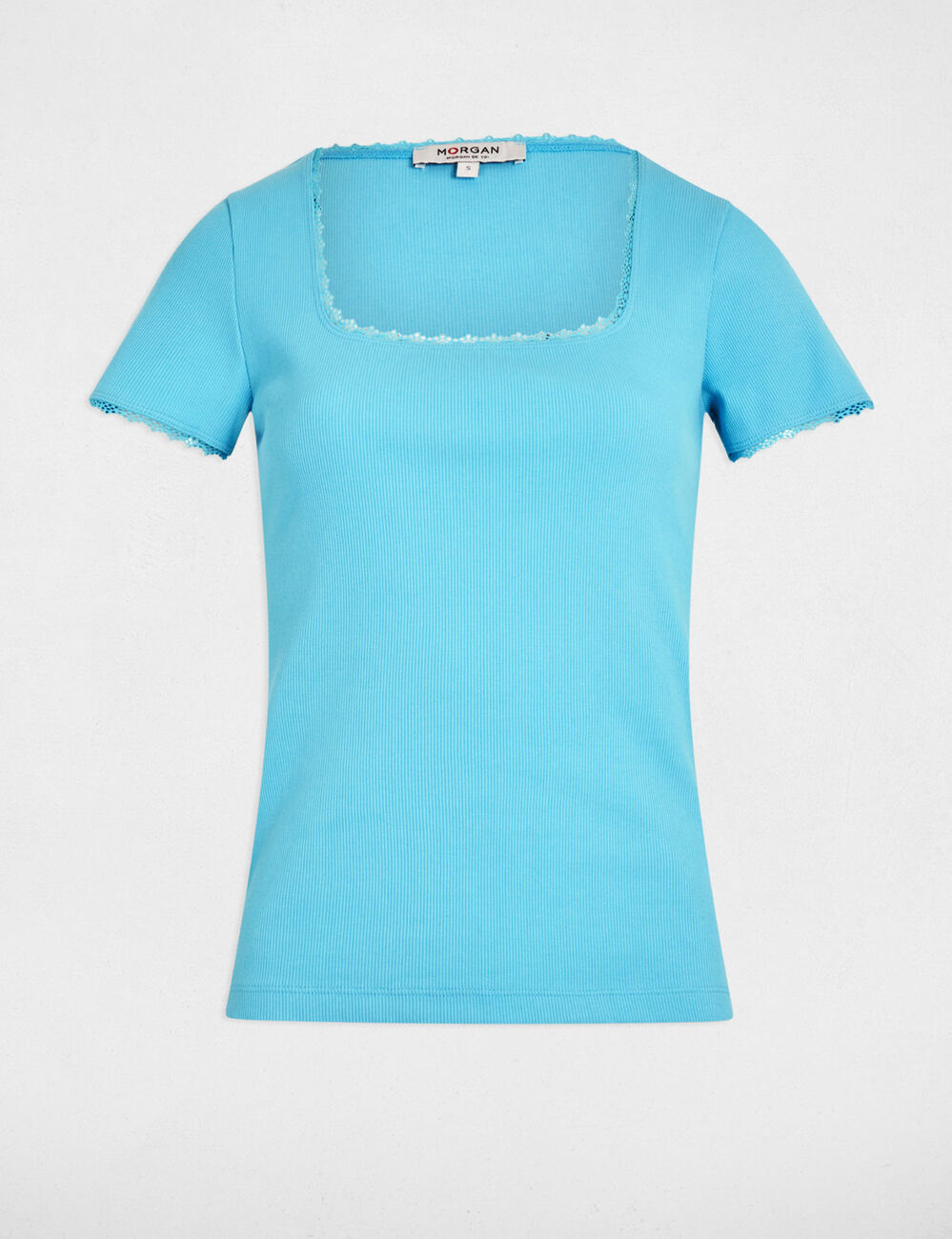 Camiseta acanalada manga corta azul cielo mujer